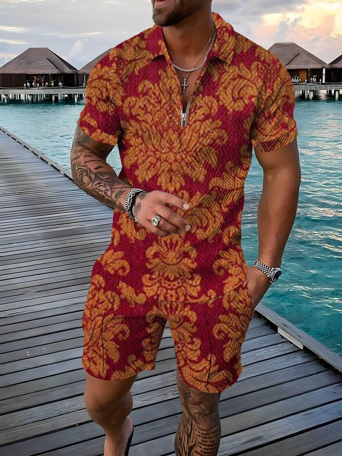 Zipper And Lapel Short Sleeve Shorts Suit